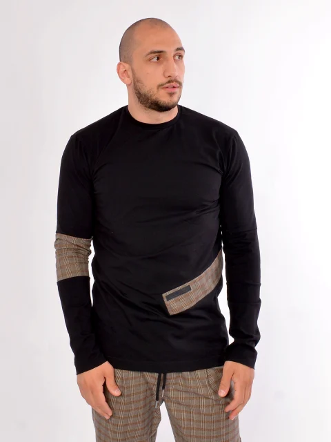 Черна блуза с карирани детайли Long sleeve checked t-shirt