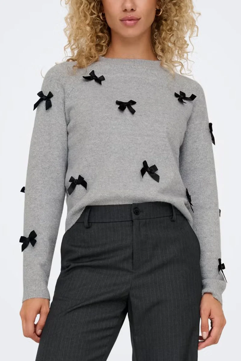 Плетено Onlnoelle Bow 15342560 BS000086 light grey melange — снимка 2