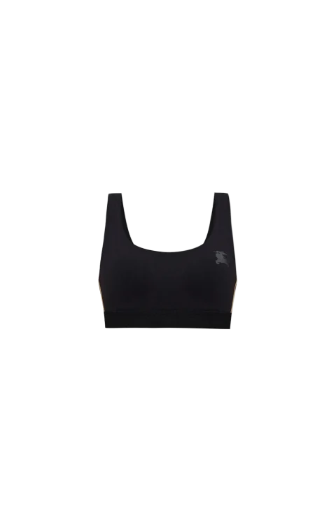 Check Trim Stretch Nylon Bra Top in Black