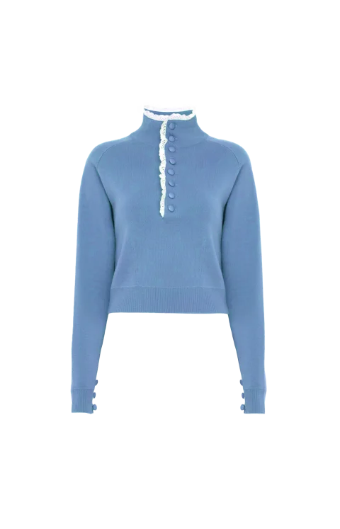 High-Neck Sweater in Dream Blue Wool Knit and Lace