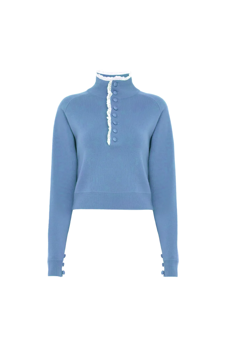 High-Neck Sweater in Dream Blue Wool Knit and Lace