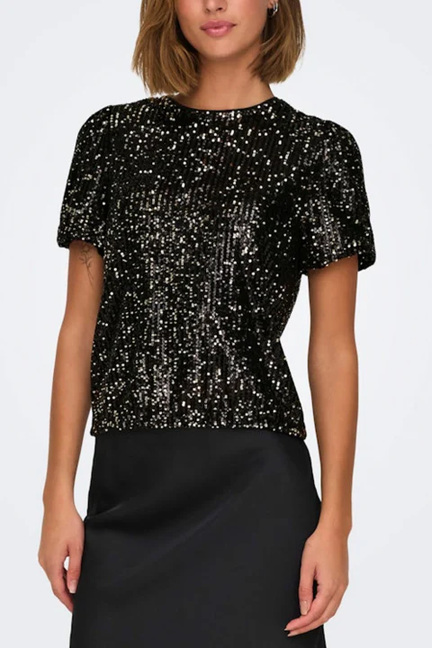 Top Onlana S/S Loose Sequins Jrs 15333850 C-N10 black — снимка 2