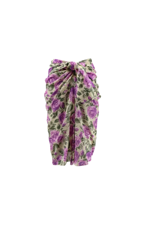 Draped Floral Silk Midi Skirt