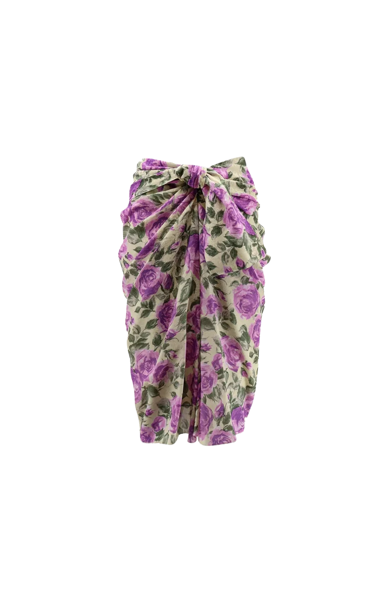 Draped Floral Silk Midi Skirt