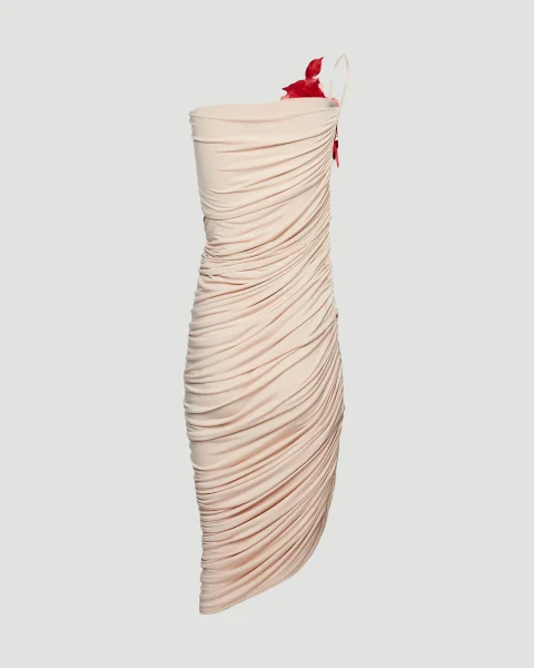 One-Shoulder Rose-Embellished Dress in Beige — снимка 2