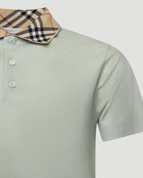 Check Collar Cotton Polo Shirt in Green — снимка 3