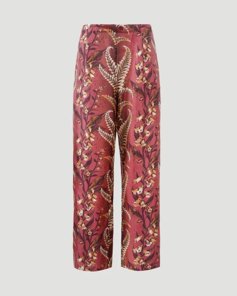 Silk Pants with Floral Motif in Brick Red