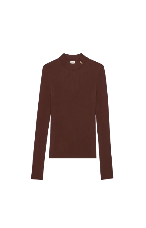 Cassandre Stand-Collar Top in Chocolate Ribbed Silk