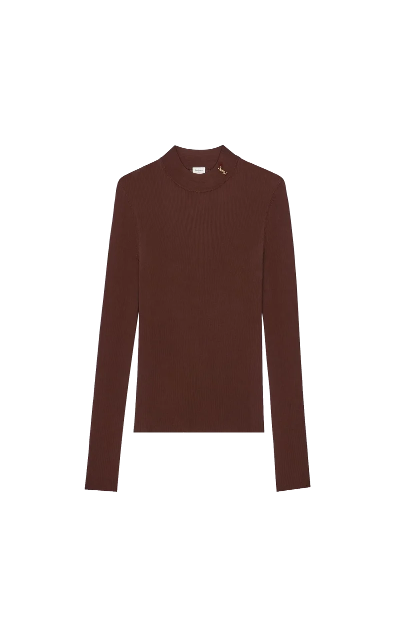 Cassandre Stand-Collar Top in Chocolate Ribbed Silk