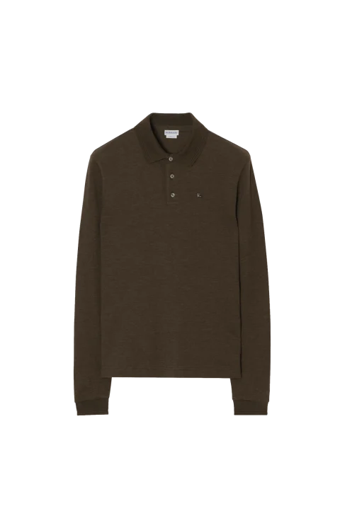 Long-sleeve Wool Cotton Polo Shirt in Darkwood Brown