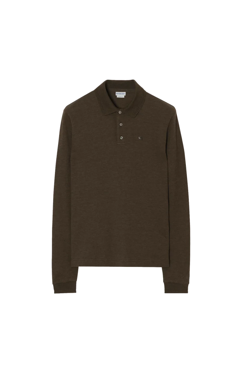 Long-sleeve Wool Cotton Polo Shirt in Darkwood Brown