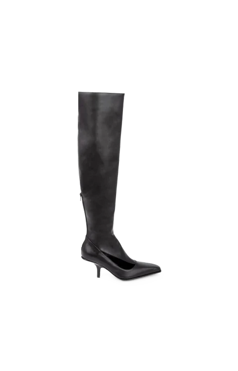 Leather Cut-Out Knee-High Boots in Black