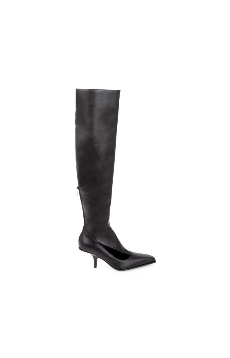 Leather Cut-Out Knee-High Boots in Black