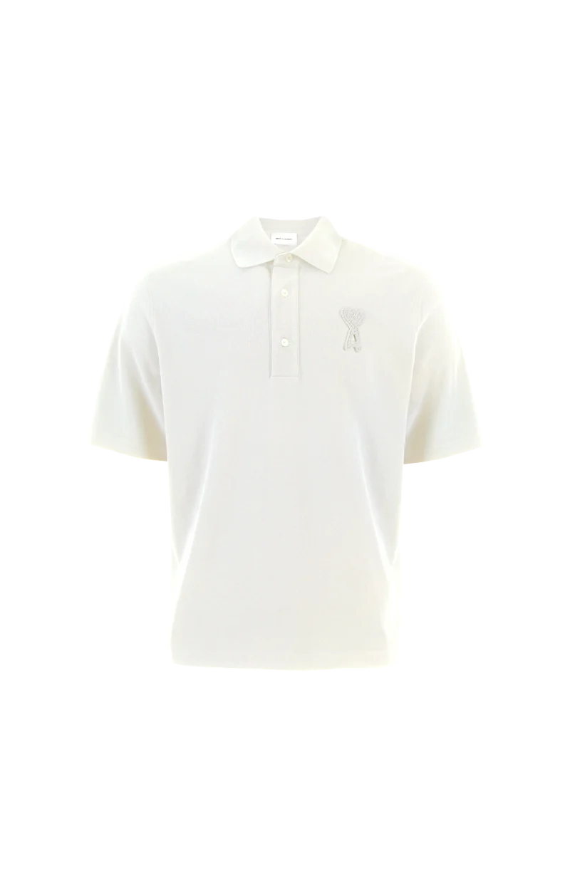 Cotton Ami de Coeur Knitted Patch Polo in White