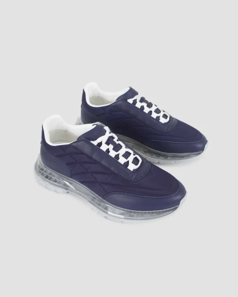 Padded Nylon and Leather Trainers in Navy — снимка 2