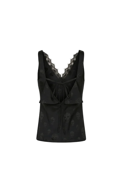 Skull Print Lace Trim Top — снимка 2