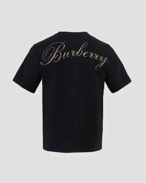 Check Cursive Logo Cotton T-Shirt in Black — снимка 2
