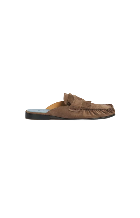Suede Sabot with Fringe Trim