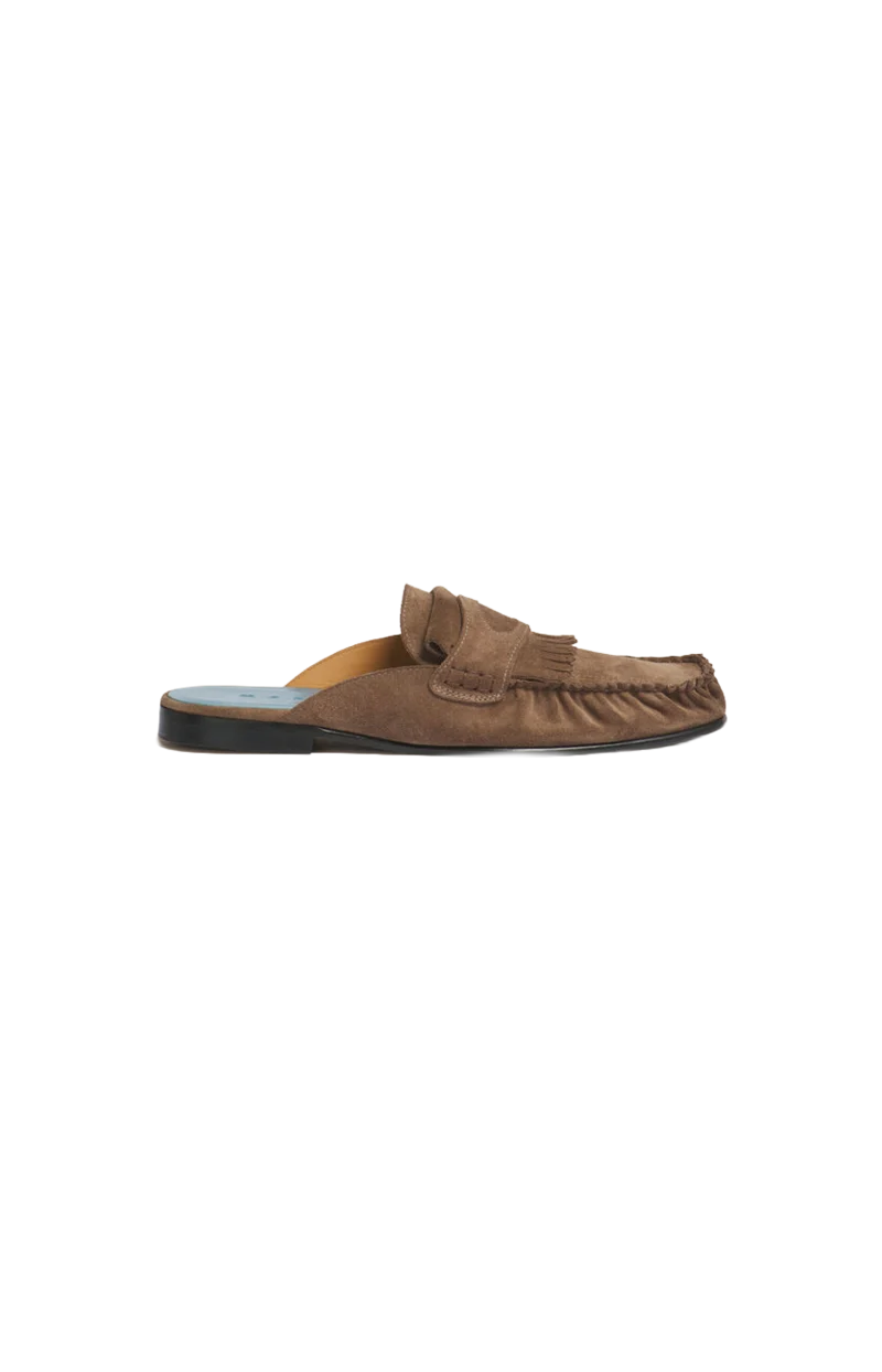 Suede Sabot with Fringe Trim