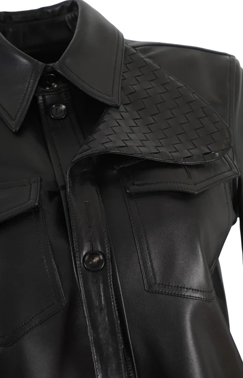 Leather Shirt with Intrecciato Leather Detail — снимка 3