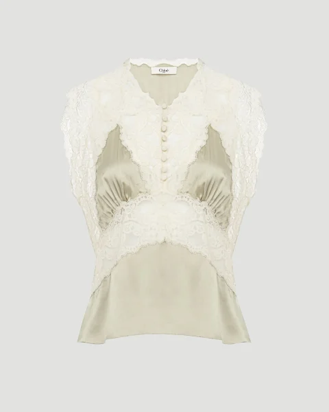 V-Neck Top in Silk Satin and Lace