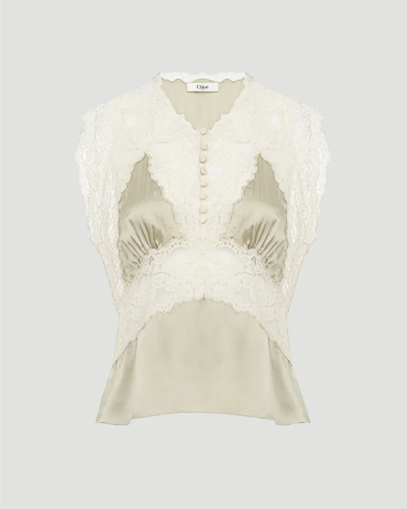 V-Neck Top in Silk Satin and Lace