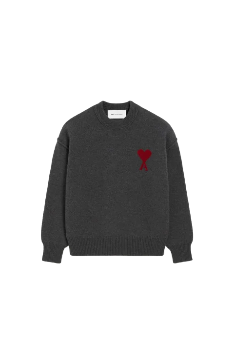 Grey Crewneck Wool Sweater with Ami de Coeur