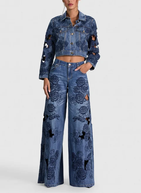 Деним с флорална бродерия 'Sidney Laser-cut' Alice + Olivia — снимка 2