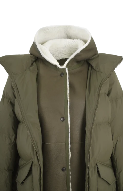 A-Line Down Jacket with Lambskin Shearling Bib Panel in Green — снимка 2