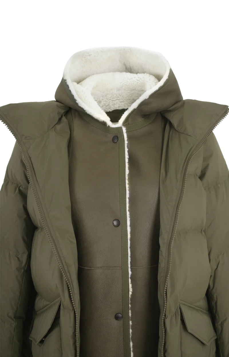 A-Line Down Jacket with Lambskin Shearling Bib Panel in Green — снимка 2
