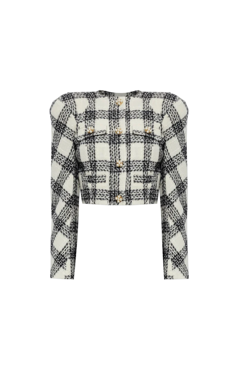 Round Shoulder Tweed Blazer in Black/White