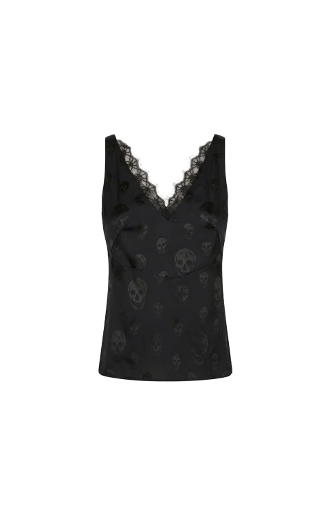 Skull Print Lace Trim Top