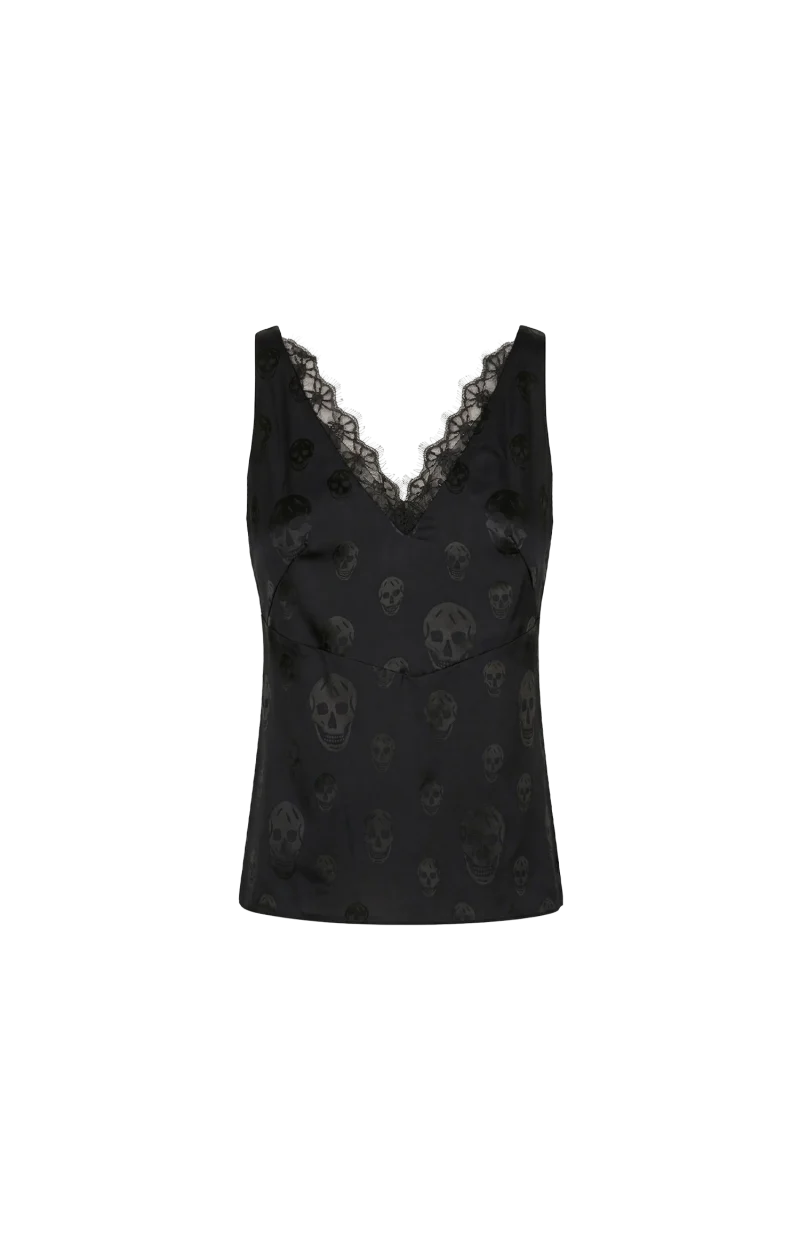 Skull Print Lace Trim Top