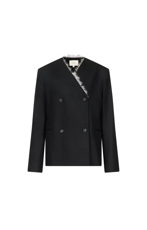 Leandra Double Breasted Lace Trim Jacket in Black/Ivory