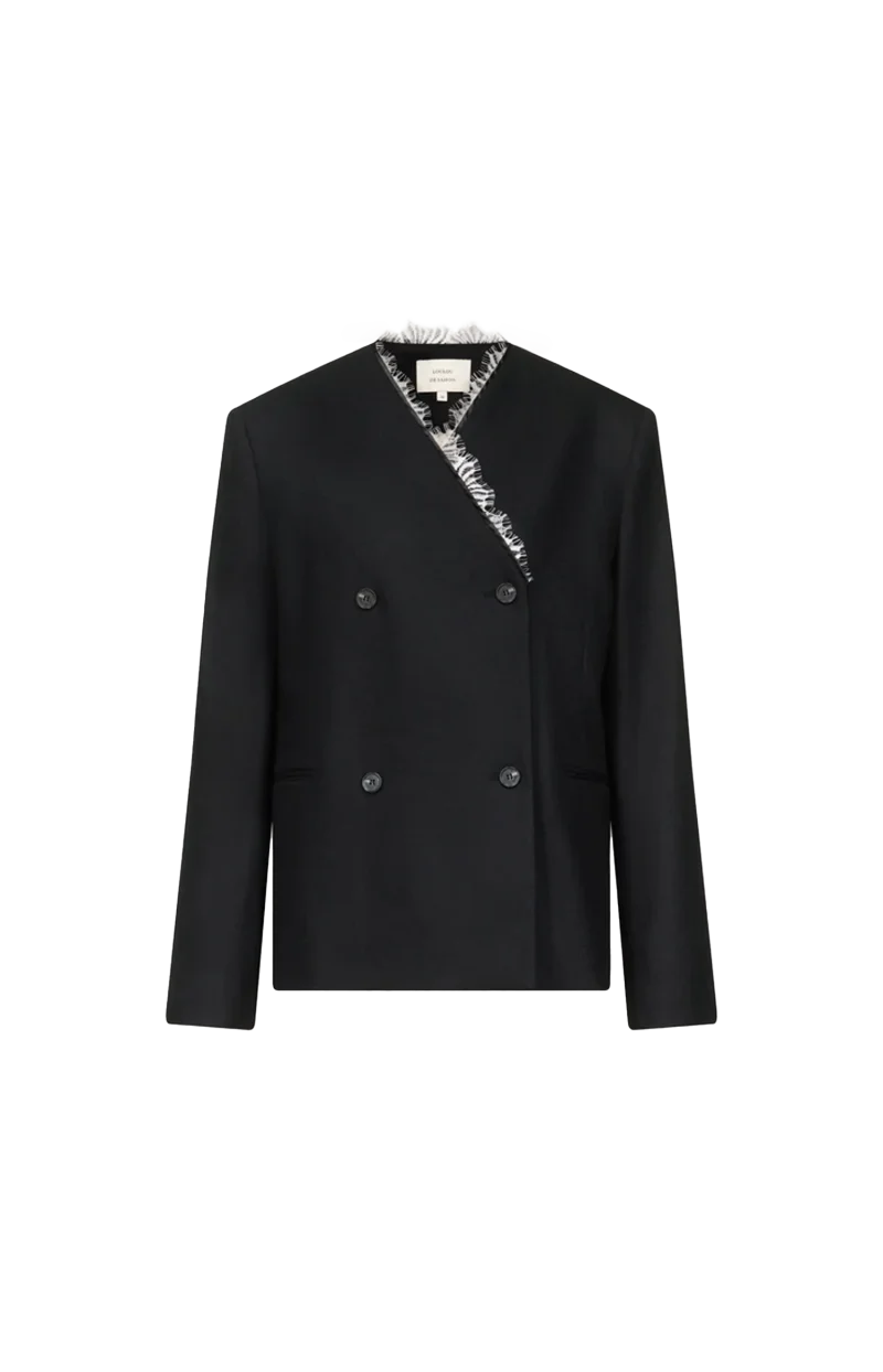 Leandra Double Breasted Lace Trim Jacket in Black/Ivory