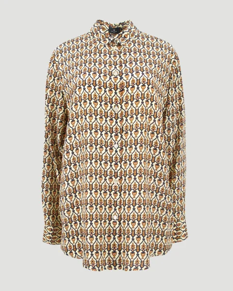 Geometric-Print Silk Crepe de Chine Shirt in Camel