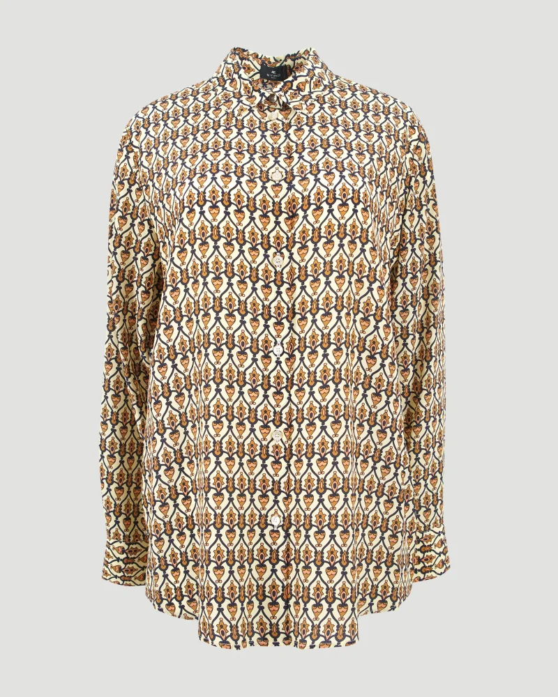 Geometric-Print Silk Crepe de Chine Shirt in Camel
