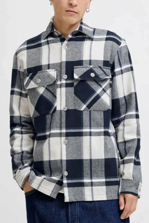 Риза Jprrayle Melange Check L/S Overshirt 12286804 19-4013 TCX dark navy — снимка 2