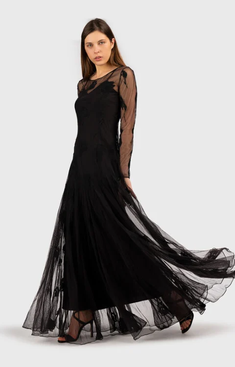 Дълга черна рокля с флорални детайли — снимка 5