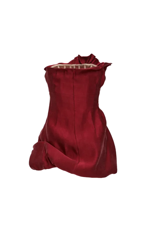 Asymmetric Pleated Silk Bubble Mini Dress in Red — снимка 2