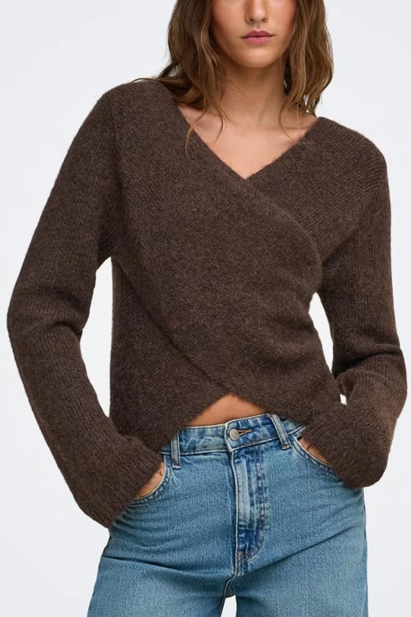 Плетено Onlmaggie Cross V-Neck 15375129 19-0915 TCX coffee bean — снимка 2