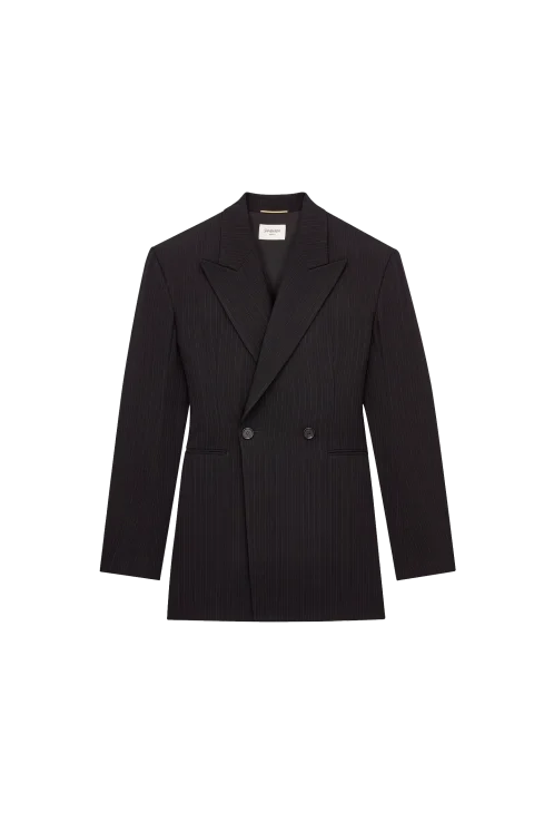 Double-Breasted Jacket in Chalk-Stripe Wool Mélange in Black/Grey