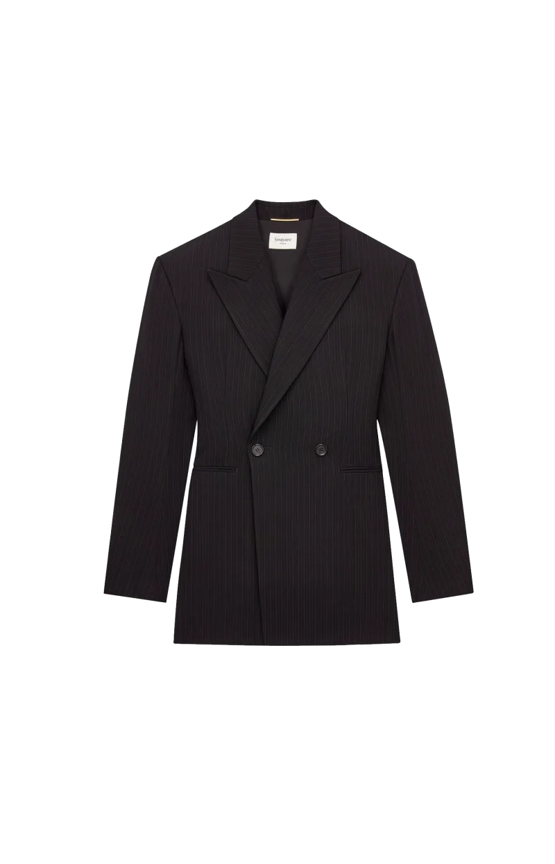 Double-Breasted Jacket in Chalk-Stripe Wool Mélange in Black/Grey