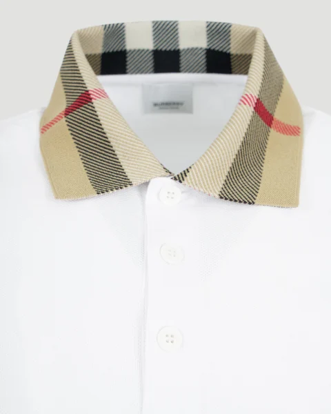 Check Collar Cotton Polo Shirt in White — снимка 2