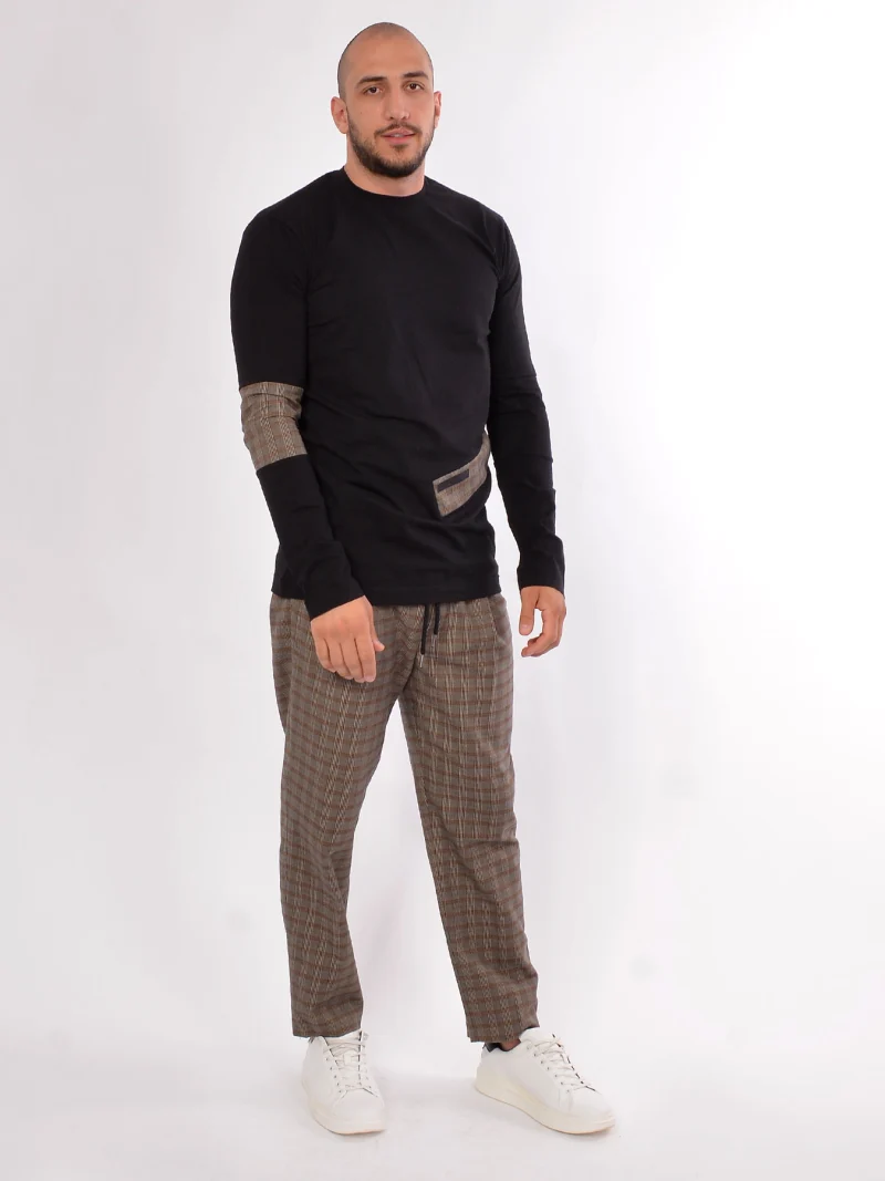 Черна блуза с карирани детайли Long sleeve checked t-shirt — снимка 4