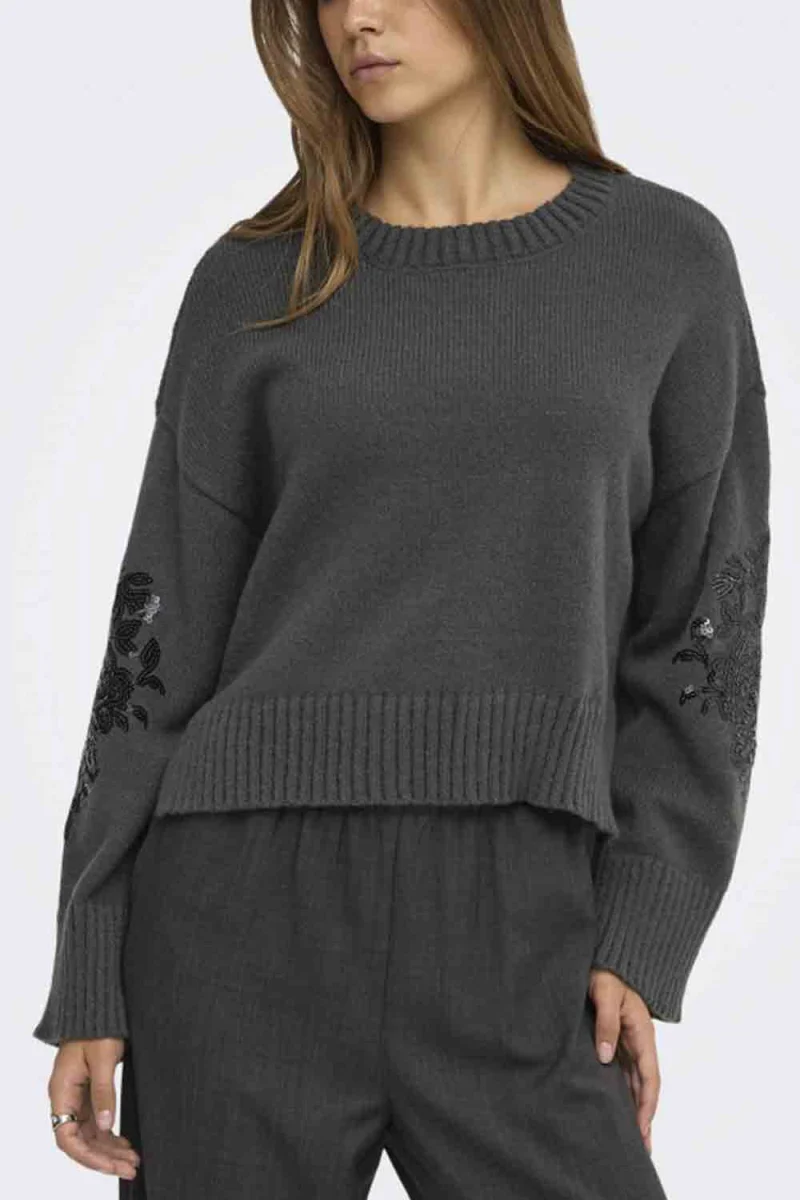 Плетено Onlannika Sequins O-Neck 15378500 BS000088 dark grey melange — снимка 2