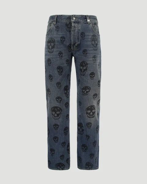 Washed Blue Jeans with Skull Motif