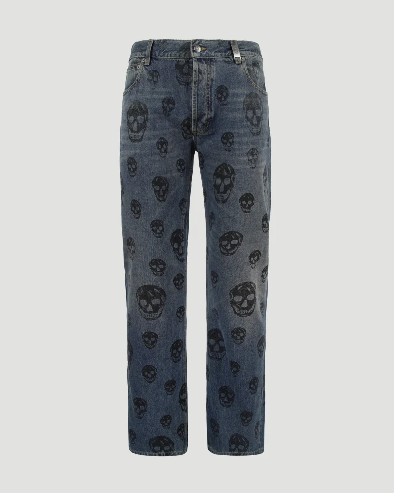 Washed Blue Jeans with Skull Motif