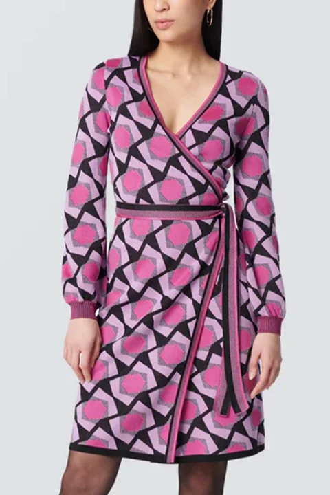Рокли Dvf Alexio Wrap Dress DVFDR3Q002CGLWP B2342 cube geo large wine pink — снимка 2