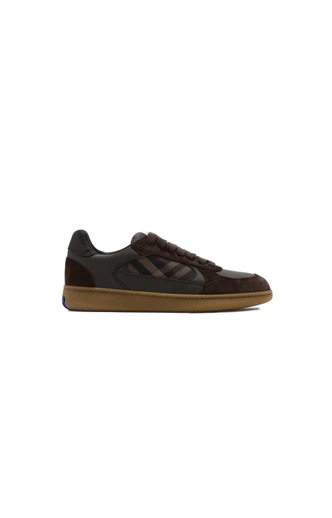 Leather, Suede and Check Terrace Sneakers in Dark Brown